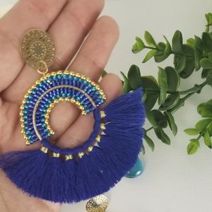 Blue Miyuki Beads and Thread Tassel Earrings